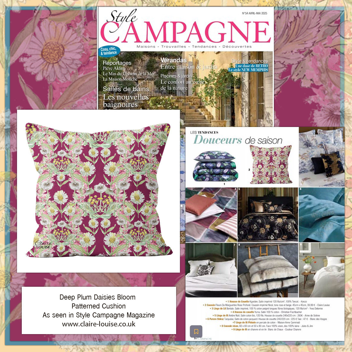 Deep Plum Daisies Bloom Outdoor Patterned Cushion