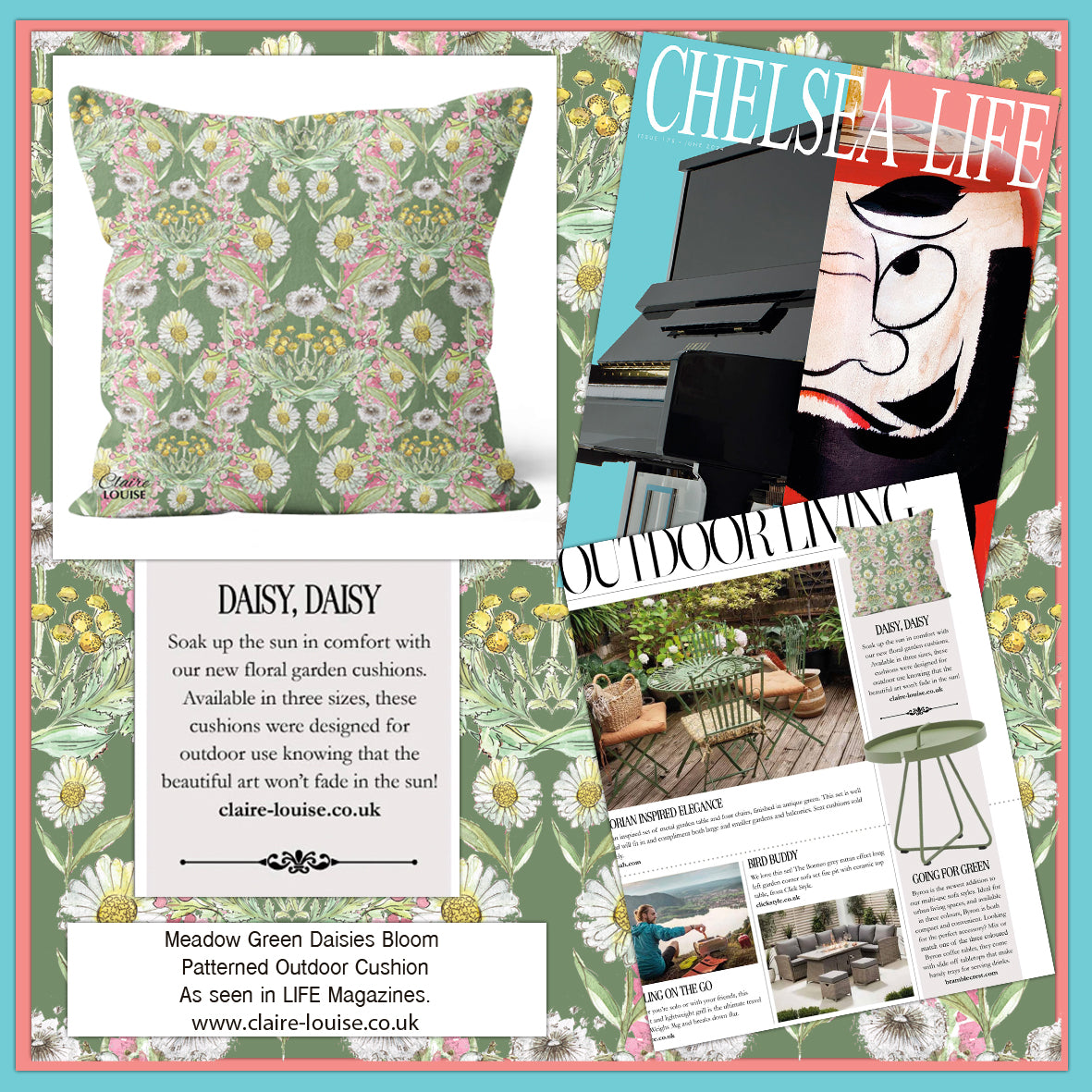 Meadow Green Daisies Bloom Outdoor Patterned Cushion