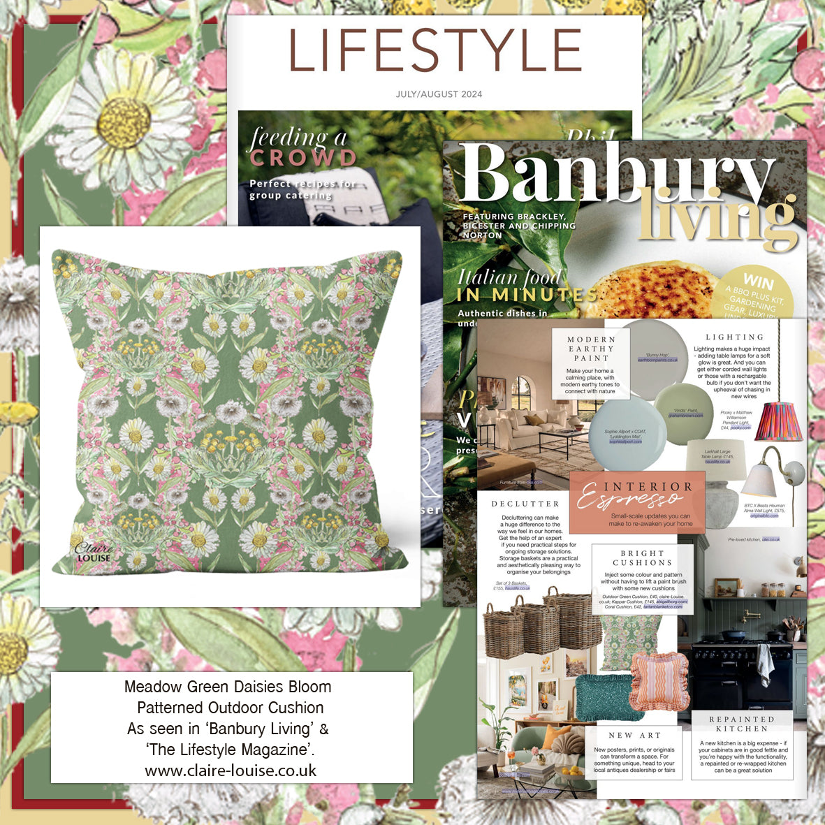 Meadow Green Daisies Bloom Outdoor Patterned Cushion