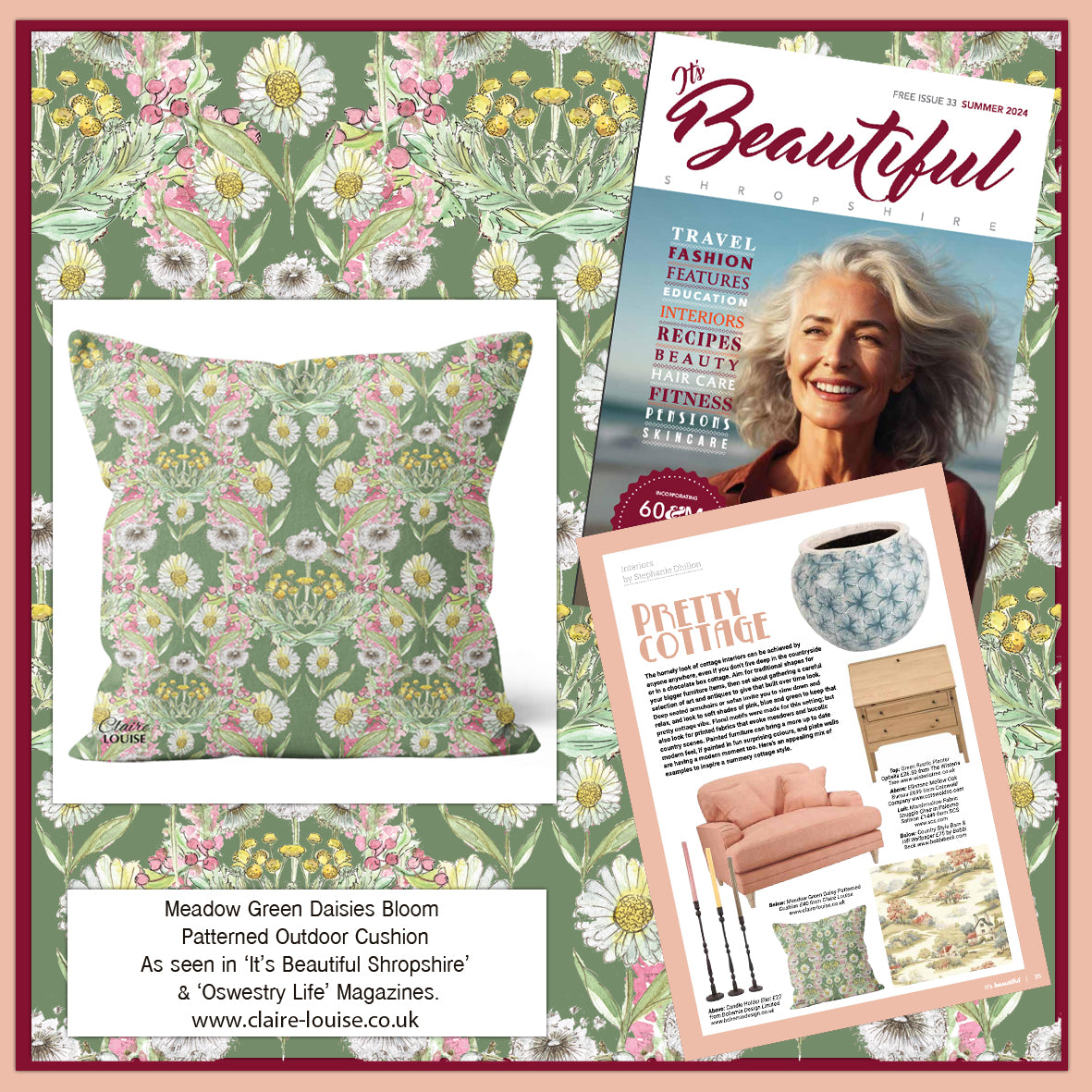 Meadow Green Daisies Bloom Outdoor Patterned Cushion