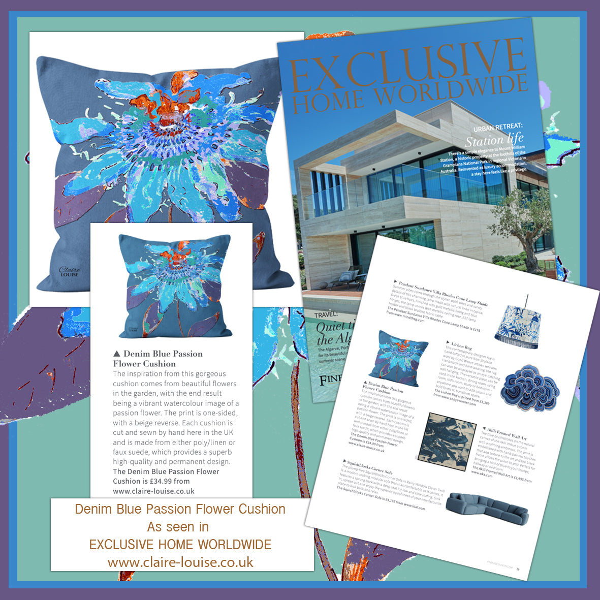 Denim Blue Passion Flower Cushion