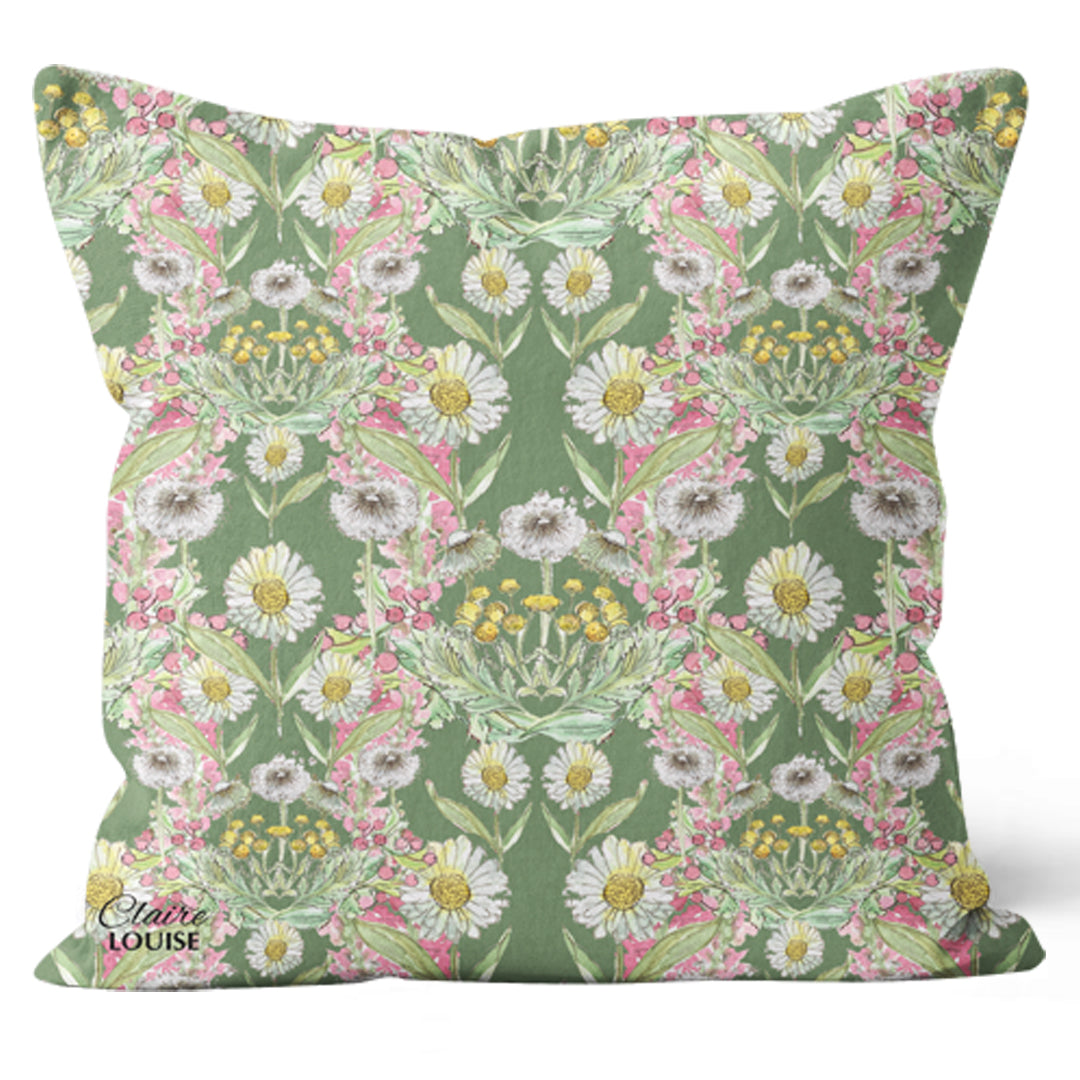 Meadow Green Daisies Bloom Outdoor Patterned Cushion