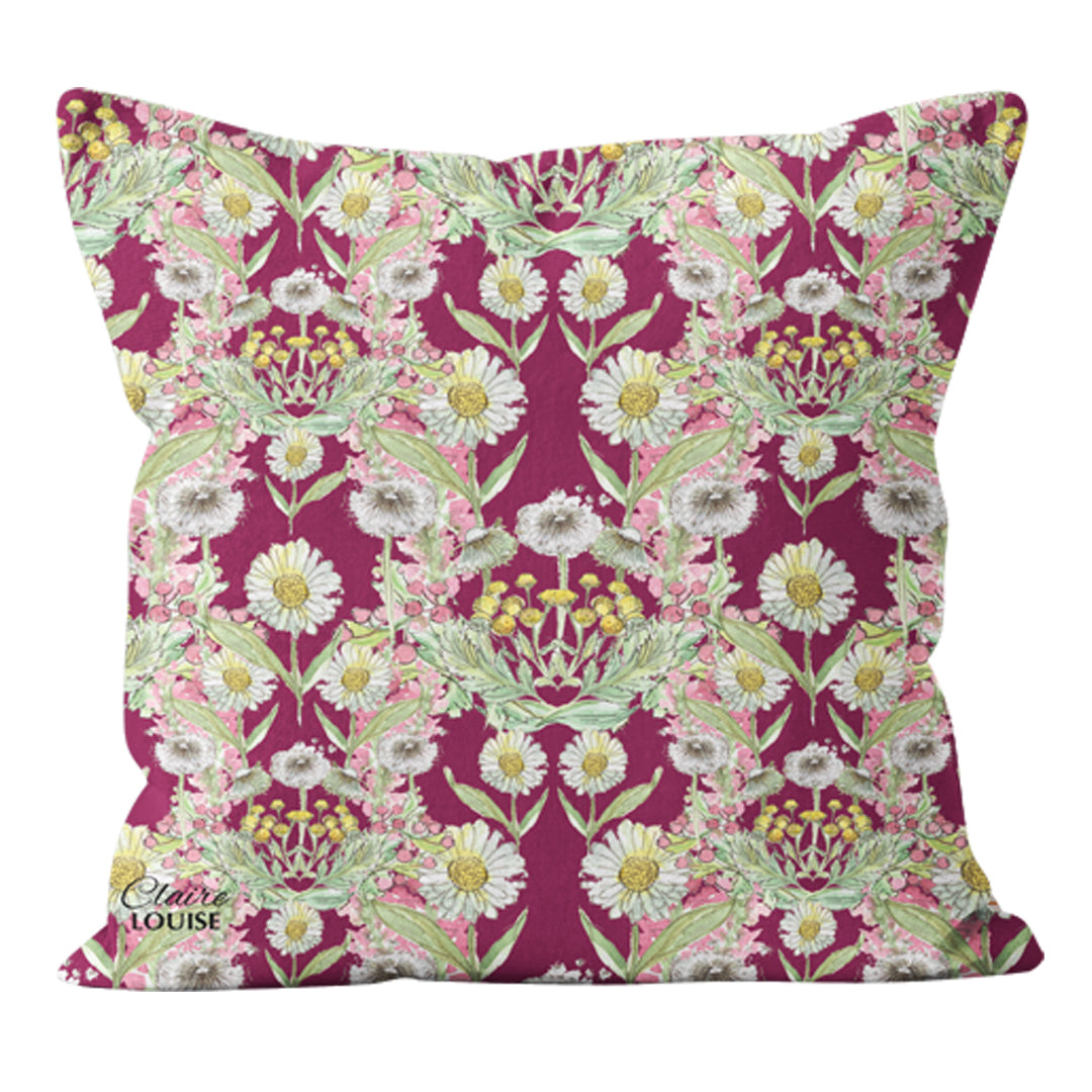 Deep Plum Daisies Bloom Outdoor Patterned Cushion