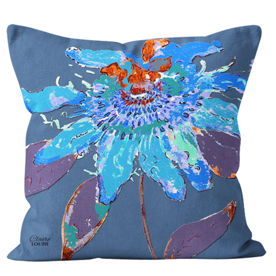 Denim Blue Passion Flower Cushion