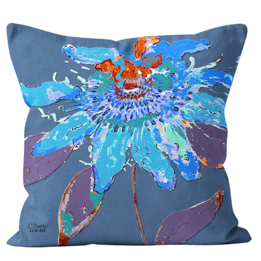 Denim Blue Passion Flower Cushion